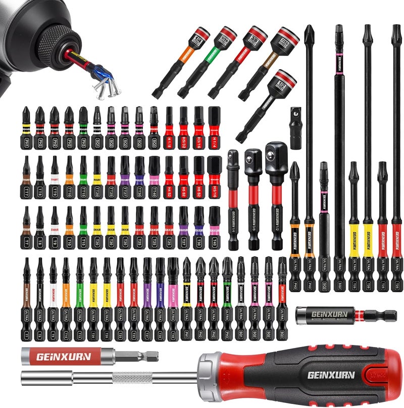 GEINXURN Impact Screwdriver Bits Set, Magnetic S2 Steel Phillips/Square/Torx/Hex 82Pieces Insert Power Bits Tips with Impact Bit Holder and Impact Nut Driver and Rachet Screwdriver Handle - Image 1
